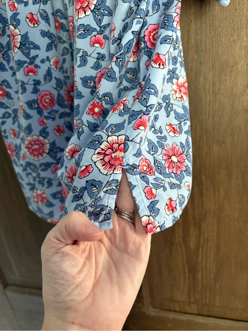 LOFT Light Blue Floral Puff Sleeve V-Neck Blouse with Red Accents - Picture 6 of 7